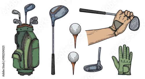 Golf Equipment Collection: Bag, Clubs, Balls, Tees, and Glove Illustration