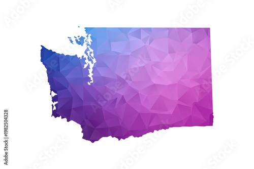 Washington Map - Polygon Style Vector Illustration in Blue and Purple Gradient, Low Poly Geometric Design, Isolated on White Background, Ideal for Infographics and Learning Materials.