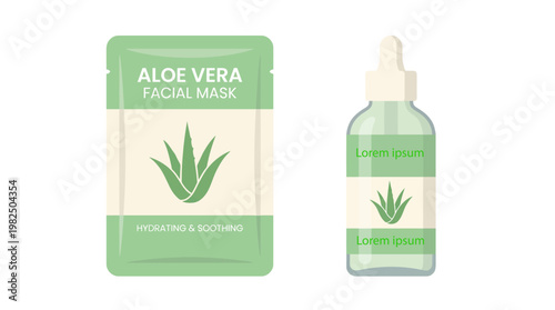 Premium skincare product packaging design mockup for natural beauty advertising, showcasing hydrating aloe vera facial mask and dropper bottle.