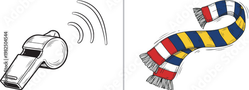 Hand drawn vector illustration of a referee whistle and a striped sports fan scarf for soccer and football match day events