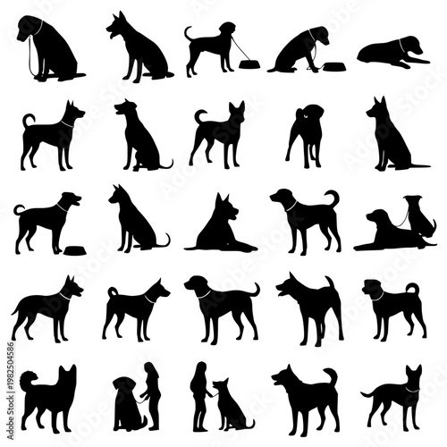 Collection of black dog silhouettes in various poses Vector, illustration