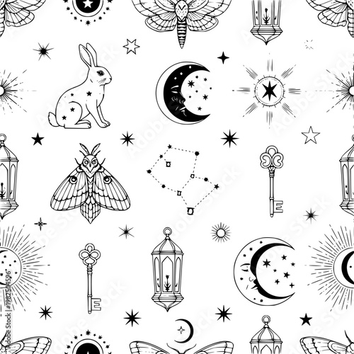 A black and white illustration of various magical objects and animals Vector, illustration