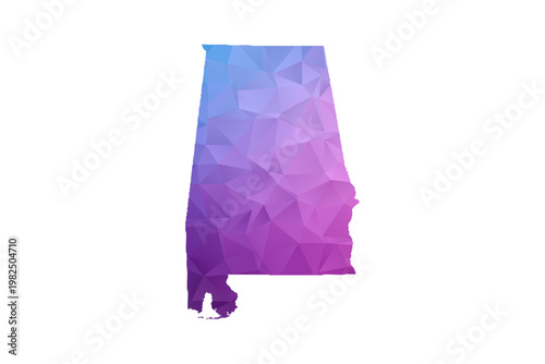 Alabama Map - Polygon Style Vector Illustration in Blue and Purple Gradient, Low Poly Geometric Design, Isolated on White Background, Ideal for Infographics and Learning Materials.