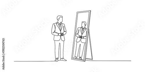 A continuous line drawing of a confident businessman standing in front of a tall floor mirror Vector, illustration