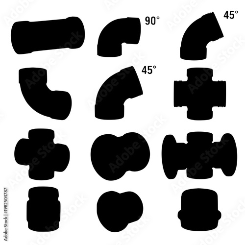 Black silhouettes of various pipe fittings Vector, illustration