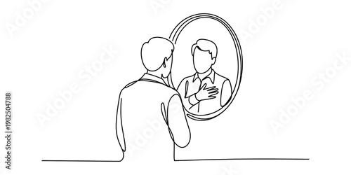 A single line drawing of a man looking at his own reflection in an oval mirror with a calm pose Vector, illustration