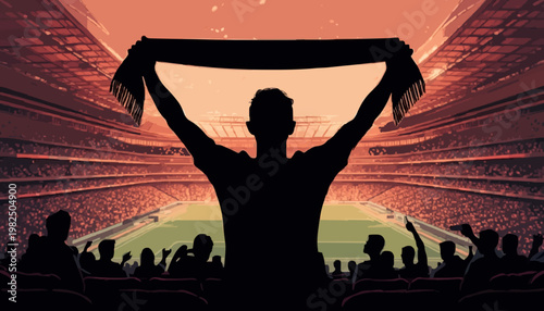 A jubilant sports fan raises a scarf overhead within a stadium