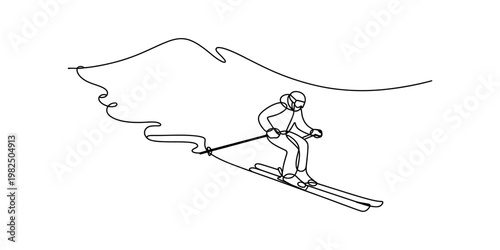 A continuous single line drawing of a person skiing down a snowy mountain slope in winter season Vector, illustration