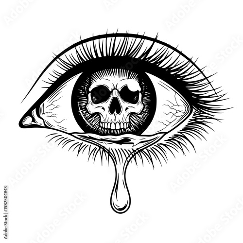A black and white drawing of a human eye with a skull in the iris Vector, illustration