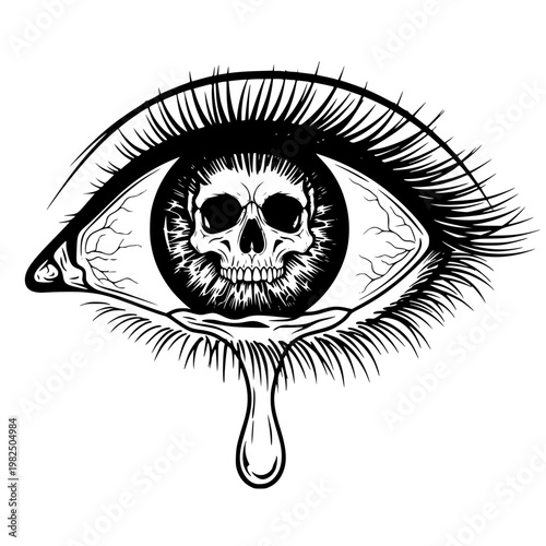 A black and white drawing of an eye with a skull in the iris Vector, illustration