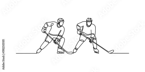 A single continuous line drawing of two ice hockey players competing for the puck on the rink. Vector, illustration