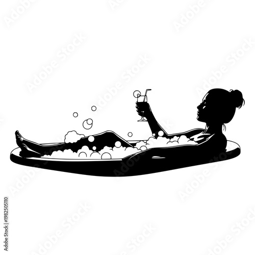 Woman relaxing in a bubble bath with a glass of wine Vector, illustration