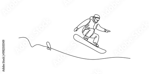A minimalist single line drawing of an active person performing a snowboard jump on snowy slopes Vector, illustration