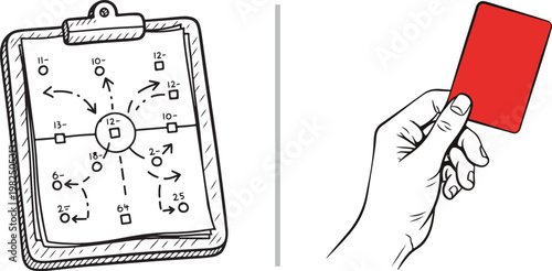 Sports coach clipboard with game strategy diagram and hand holding a red card vector illustration for refereeing and coaching concepts