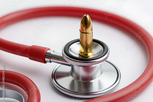 A golden bullet rests atop a stethoscope s bell symbolizing health risks on transparent background