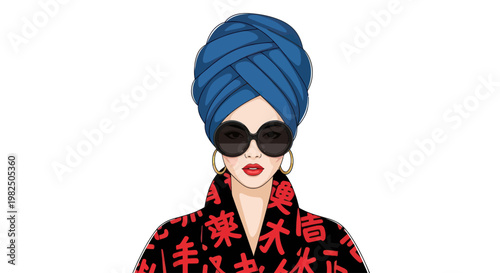 Stylish woman with blue turban and sunglasses, wearing a patterned robe.