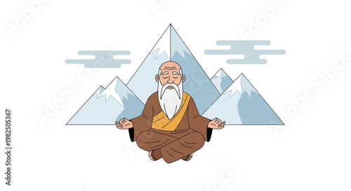 Wise spiritual guru meditating in serene mountain landscape.