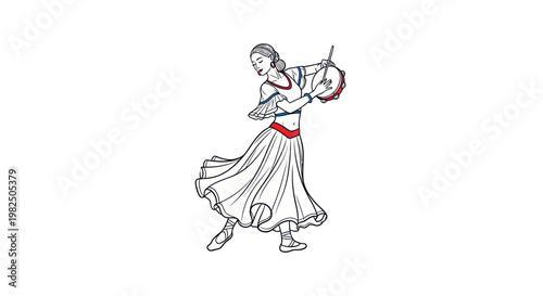 A dancing woman performs with a tambourine in traditional attire.