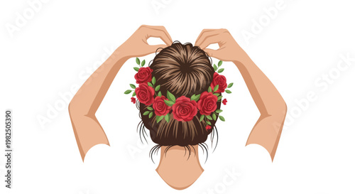 Woman styling her hair with a floral accessory