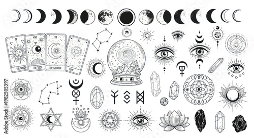 Collection of mystical occult symbols and celestial magic elements for spiritual design.