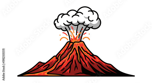 A colorful cartoon illustration of a volcano erupting with smoke and flowing lava.
