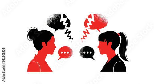 Two women arguing with broken speech bubbles symbolizing communication breakdown and conflict.