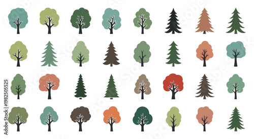 Collection of diverse stylized tree icons on a white background.