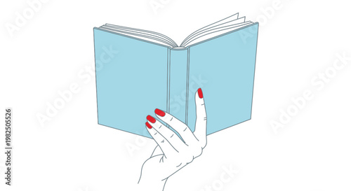 A hand with red nails holds an open blue book, illustrating reading and leisure.
