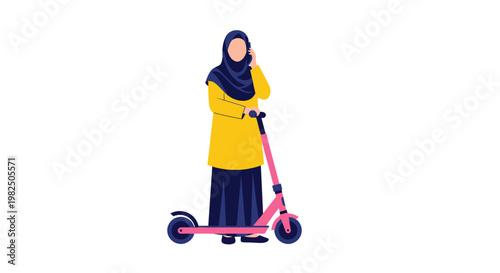 Muslim woman in hijab using phone while standing on an electric scooter isolated on white.