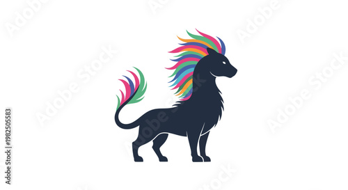 Creative silhouette of a lion with a vibrant rainbow mane and tail on white background.