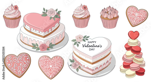 Pink heart shaped cakes and sweet desserts for Valentine's Day illustration set