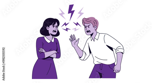 Furious couple cartoon arguing with lightning symbols above them.