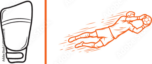 Soccer goalkeeper diving to catch ball and shin guard protective gear vector illustration for sports equipment and football training design