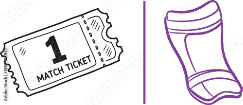 Hand drawn vector illustration of a soccer match ticket and shin guard for sports event promotion