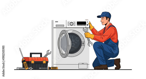 Illustration of a male repairman with a wrench kneeling in front of a washing machine with an open door, his toolbox on the floor, set against a plain white background, conveying a sense