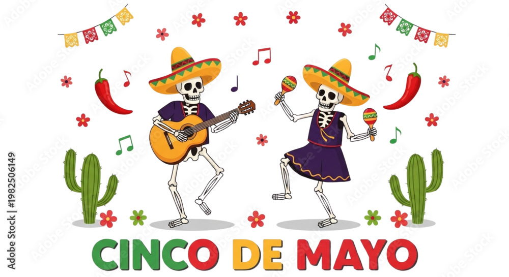 Fototapeta premium Cinco de Mayo Celebration Skeletons Dancing Guitarist Festive Fiesta Party Design for Marketing