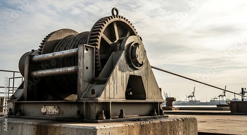 Industrial winch machine with gears against cloudy sky