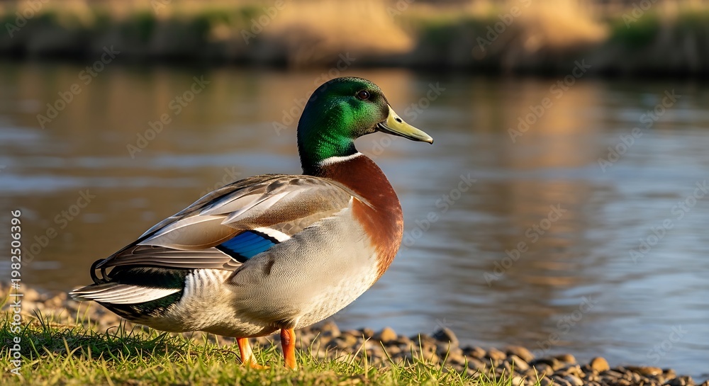 Fototapeta premium Mallard duck standing beside water with colorful plumage in natural setting