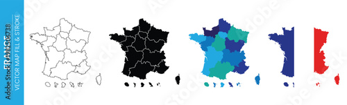 France map with regional divisions shown in five distinct styles