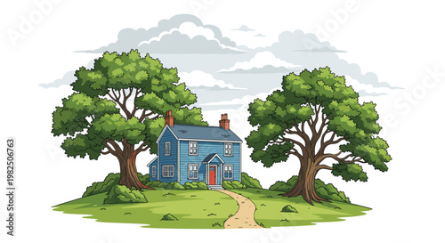 A picturesque blue house with a vibrant red door sits peacefully on a grassy hill between two majestic oak trees under a soft cloudy sky environment.