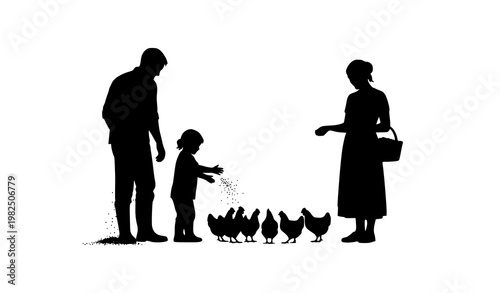 Family feeding chickens silhouettes rural farming scene with parents and child vector illustration