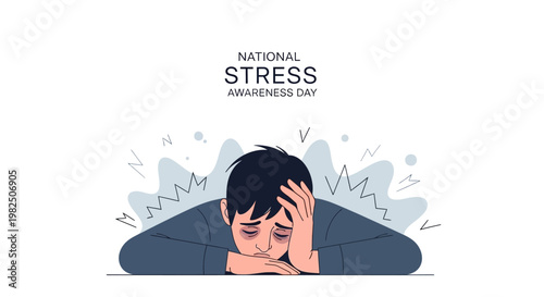 Vector illustration depicting a stressed man with visible signs of fatigue resting his head on his arms, symbolizing mental health awareness and the importance of stress reduction