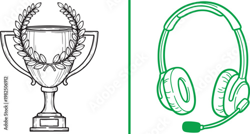 Trophy cup with laurel wreath and headset with microphone vector illustration for gaming competition and customer service achievement concepts