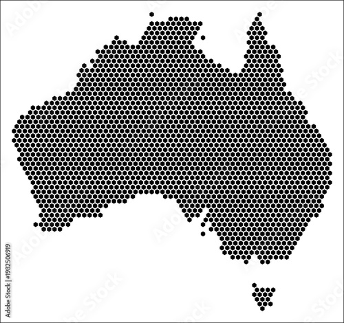 Australia hexagon map. Plain black and white dotted shape template. Country tiny hexagon cells. Australia flat honeycomb template. Vector Illustration.