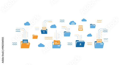 Numerous blue and orange folder icons containing documents are linked to floating clouds by dashed lines to illustrate a digital data transfer process.
