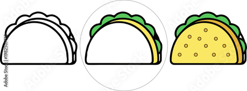 Mexican Taco Vector Triptych: Three Variations Including Minimal Outline, Partial Color, and Full Flat Color Styles for Mexican Restaurant Menus and Street Food Graphics