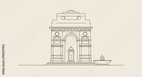 Minimalist Line Art Illustration of India Gate New Delhi Landmark.