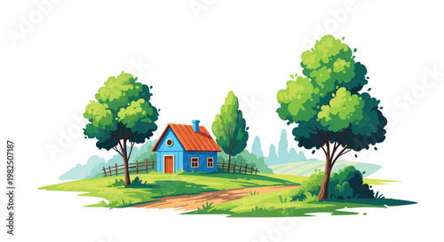 Charming cartoon illustration of a quaint blue cottage with a bright red roof nestled among lush green trees on a rolling grassy and sunny hillside landscape.