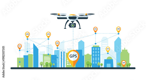 Colorful flat design illustration of a high-tech drone navigating through a vibrant metropolitan area marked by prominent orange GPS pins and dashed network paths.