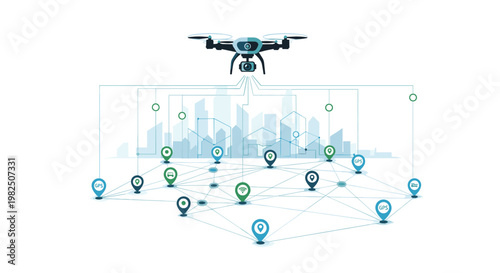 Sophisticated digital illustration of a modern surveillance drone hovering over a stylized city skyline connected by a complex network of interactive GPS location markers.